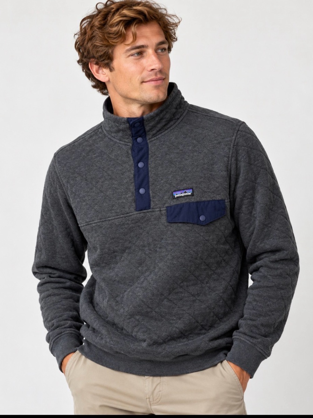 Patagonia Organic Cotton Quilt Snap-T Pullover Men’s M Gray Navy 25371